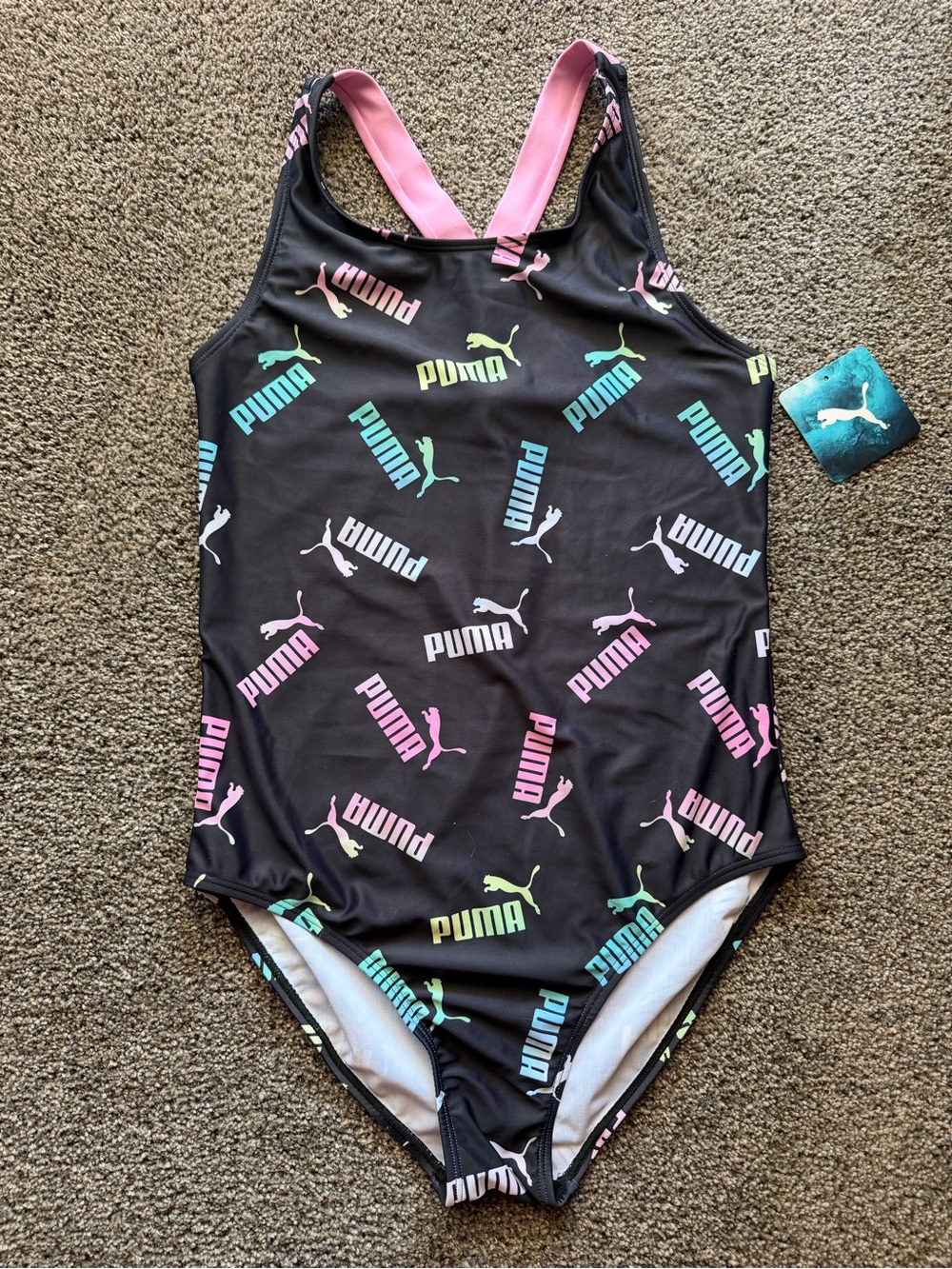 Puma Girls' Black One-Piece Swimsuit with Pastel Logo Print and Pink Straps